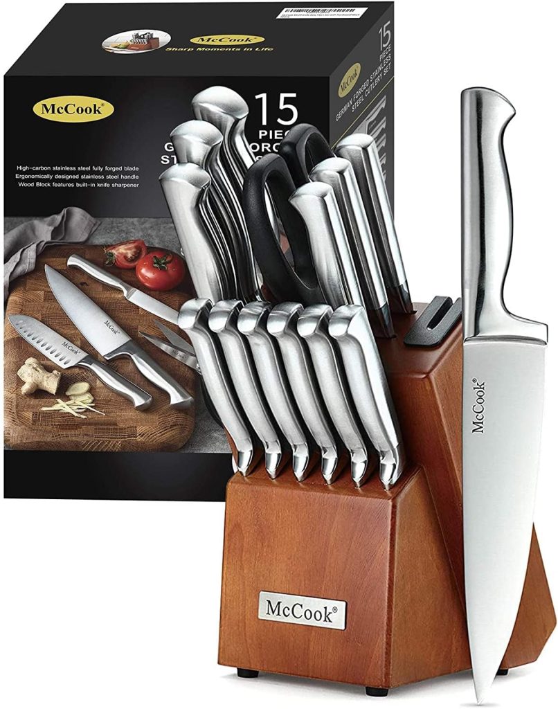 McCook German stainless steel knife block set with built-in sharpener displayed on kitchen counter